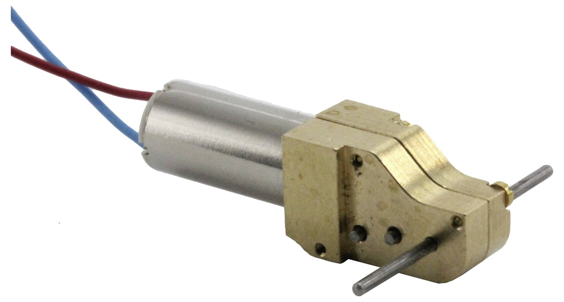Malý kovový elektromotor se zlatým krytem a dvěma vyčnívajícími vodiči, vhodný pro mechanické aplikace.