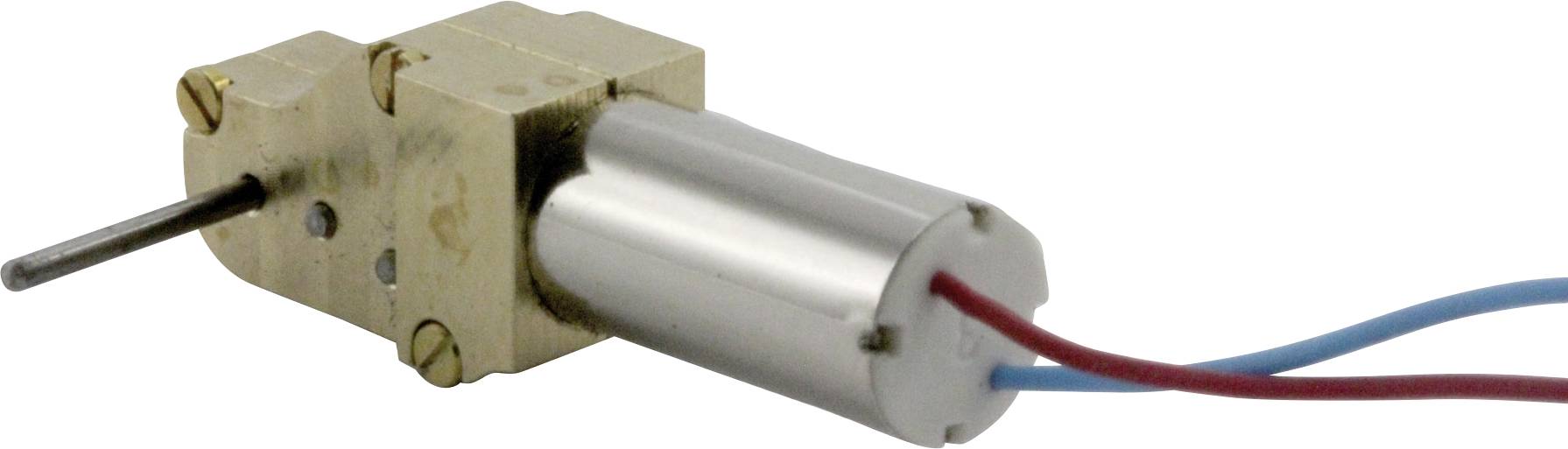 Malý elektromotor s válcovým pouzdrem a vyčnívající hřídelí, připojený červenými a modrými vodiči.