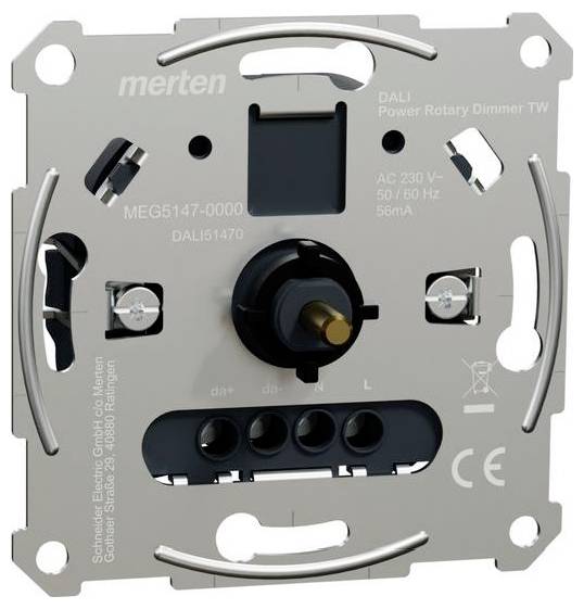 'MEG5147-0000 DALI Power Rotary Dimmer TW, AC 230 V, 50/60 Hz, 56 mA' zobrazen, včetně připojovacích bodů a technických údajů.