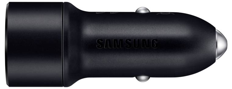 Černá automobilová nabíječka Samsung s elegantním designem, vybavená výrazným USB portem pro nabíjení zařízení na cestách.