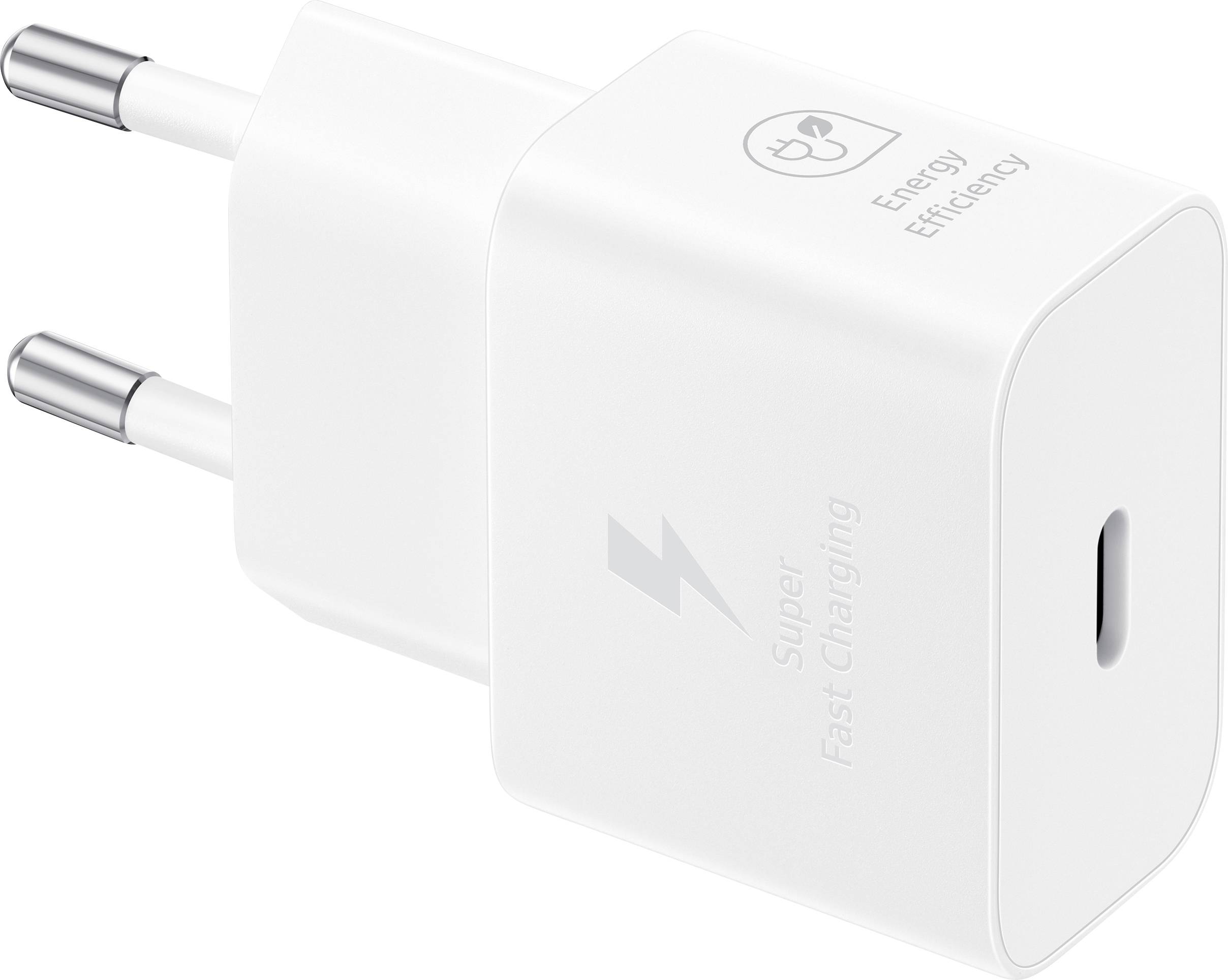 Bílá USB-C nabíjecí zástrčka s rychlým nabíjením, označená štítkem „Super rychlé nabíjení" a grafickým symbolem „Energetické úspornosti" na boku.