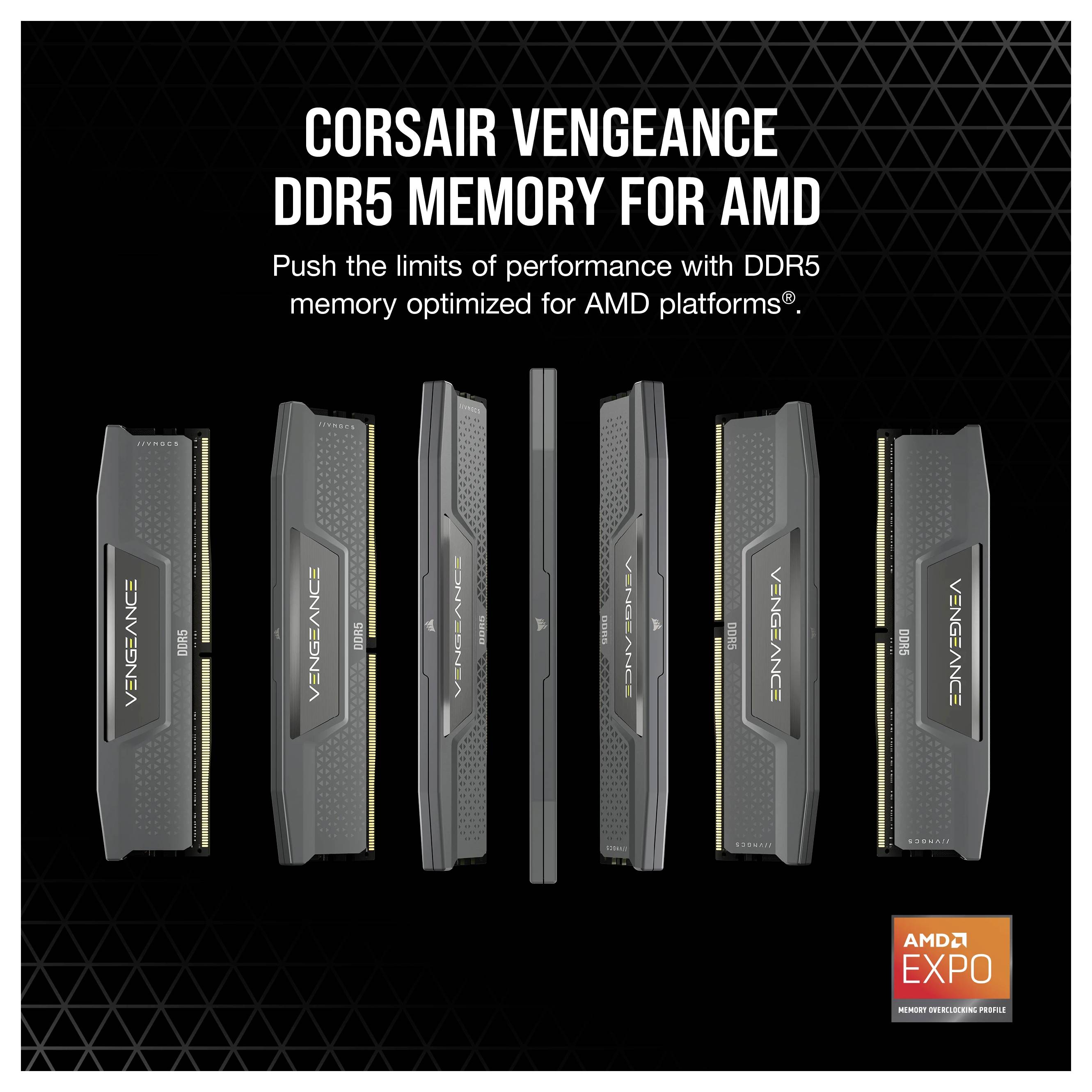 Paměťové moduly s názvem "Vengeance" jsou uspořádány na černém pozadí. Text výše zní "Corsair Vengeance DDR5 Memory for AMD".
