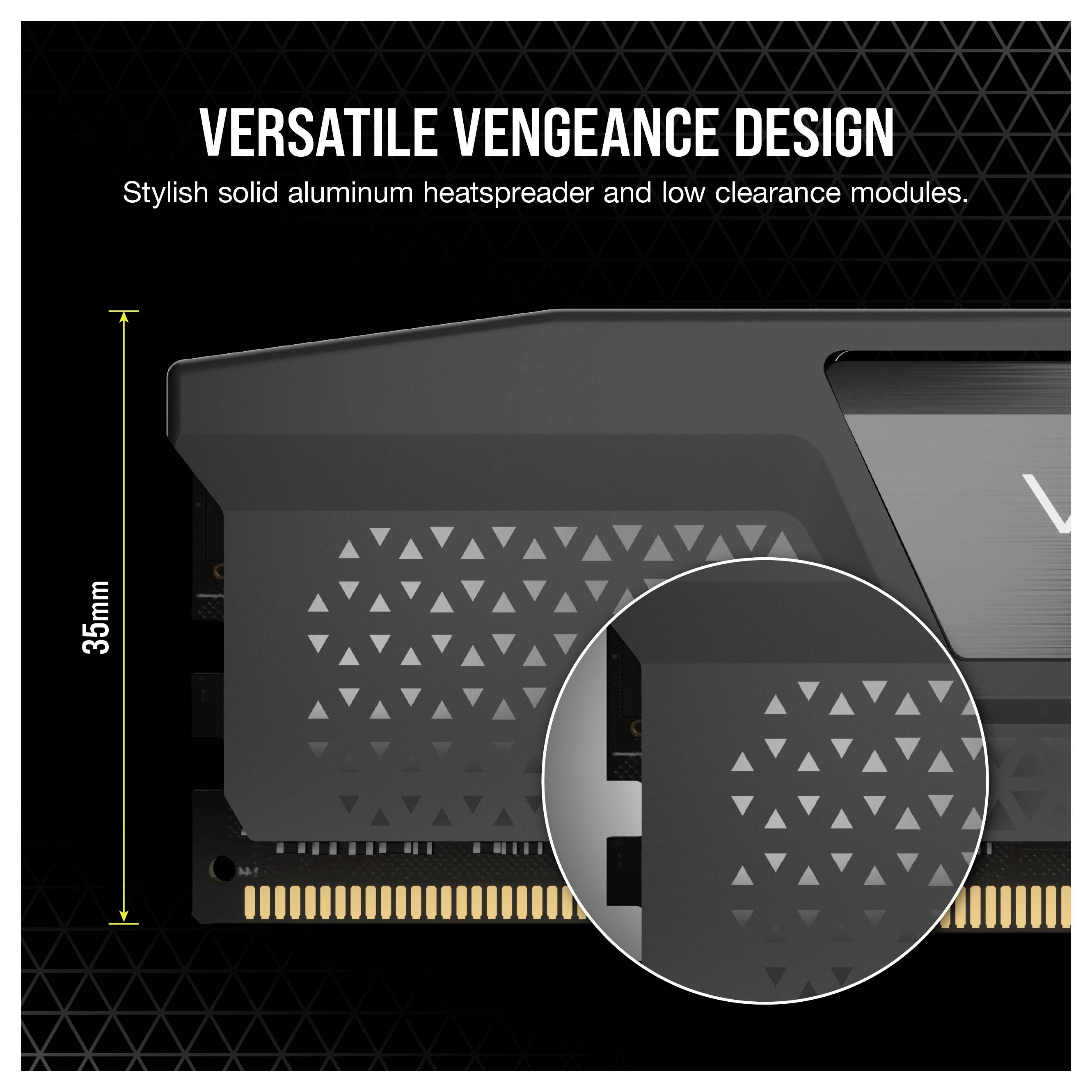 "Všestranný design Vengeance" RAM s hliníkovým chladičem a moduly s nízkou výškou zobrazeny s detailním záběrem na trojúhelníkové vzory.