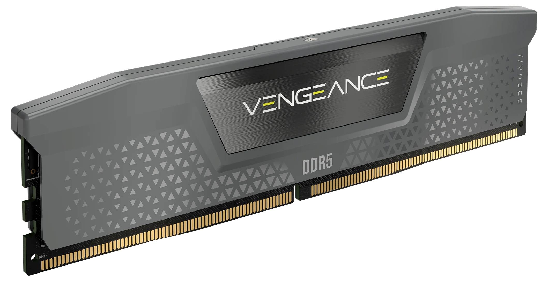 Černý kousek paměti DDR5 RAM s označením "Vengeance", vybavený zlatými kontakty a šedým pouzdrem s geometrickým vzorem.