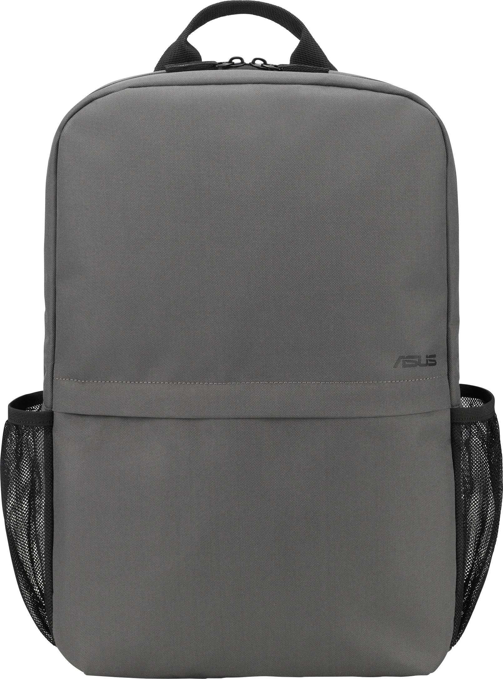 Elegantní šedý batoh s minimalistickým designem, vybavený horní rukojetí a síťovanými postranními kapsami, vhodný do školy nebo na cestování.
