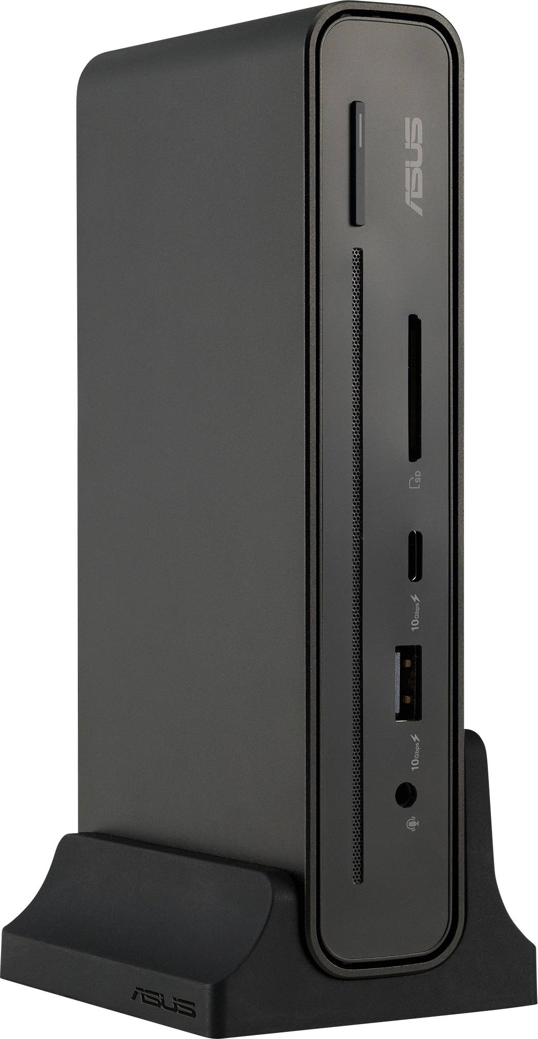 Kompaktní černý stolní počítač ASUS stojící vertikálně na podstavci, s USB porty, čtečkou karet a vypínačem na předním panelu.
