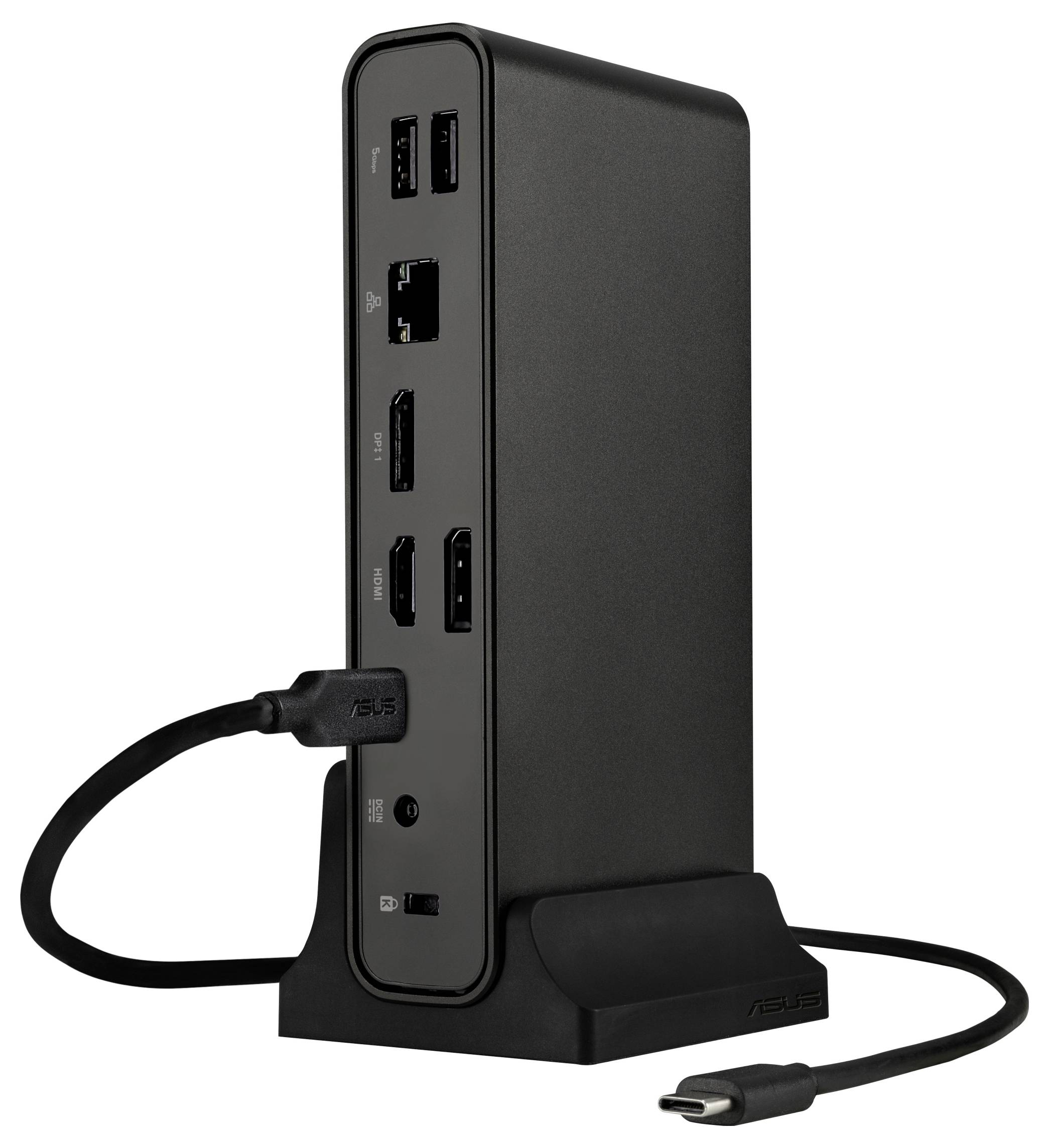 Černá dokovací stanice s několika porty, včetně USB, Ethernetu a audia, připojená kabelem USB-C, stojící vertikálně.