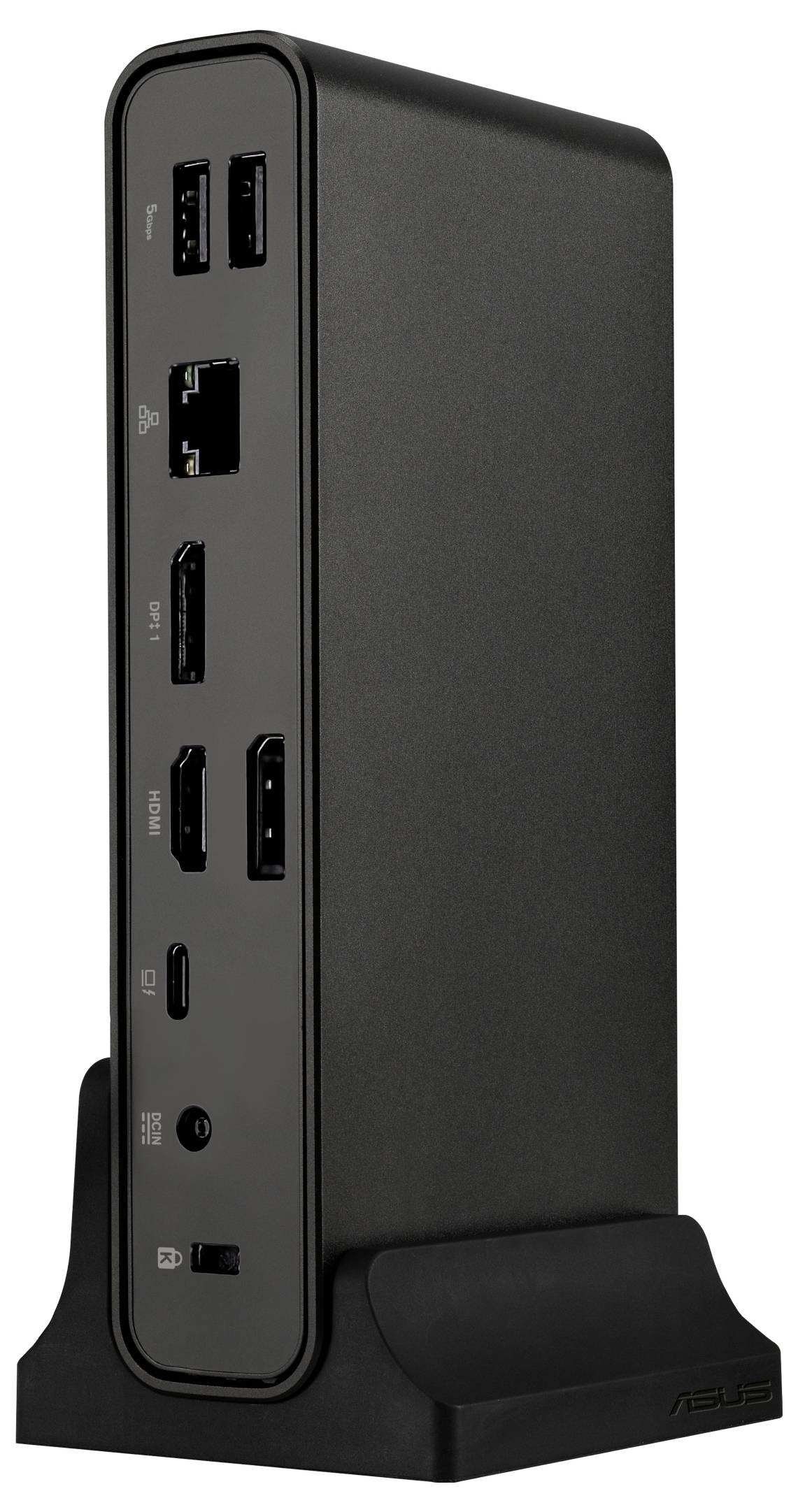 Černá, vertikální počítačová dokovací stanice s několika USB, HDMI a ethernetovými porty, umístěná na stojanu pro snadnější přístup.