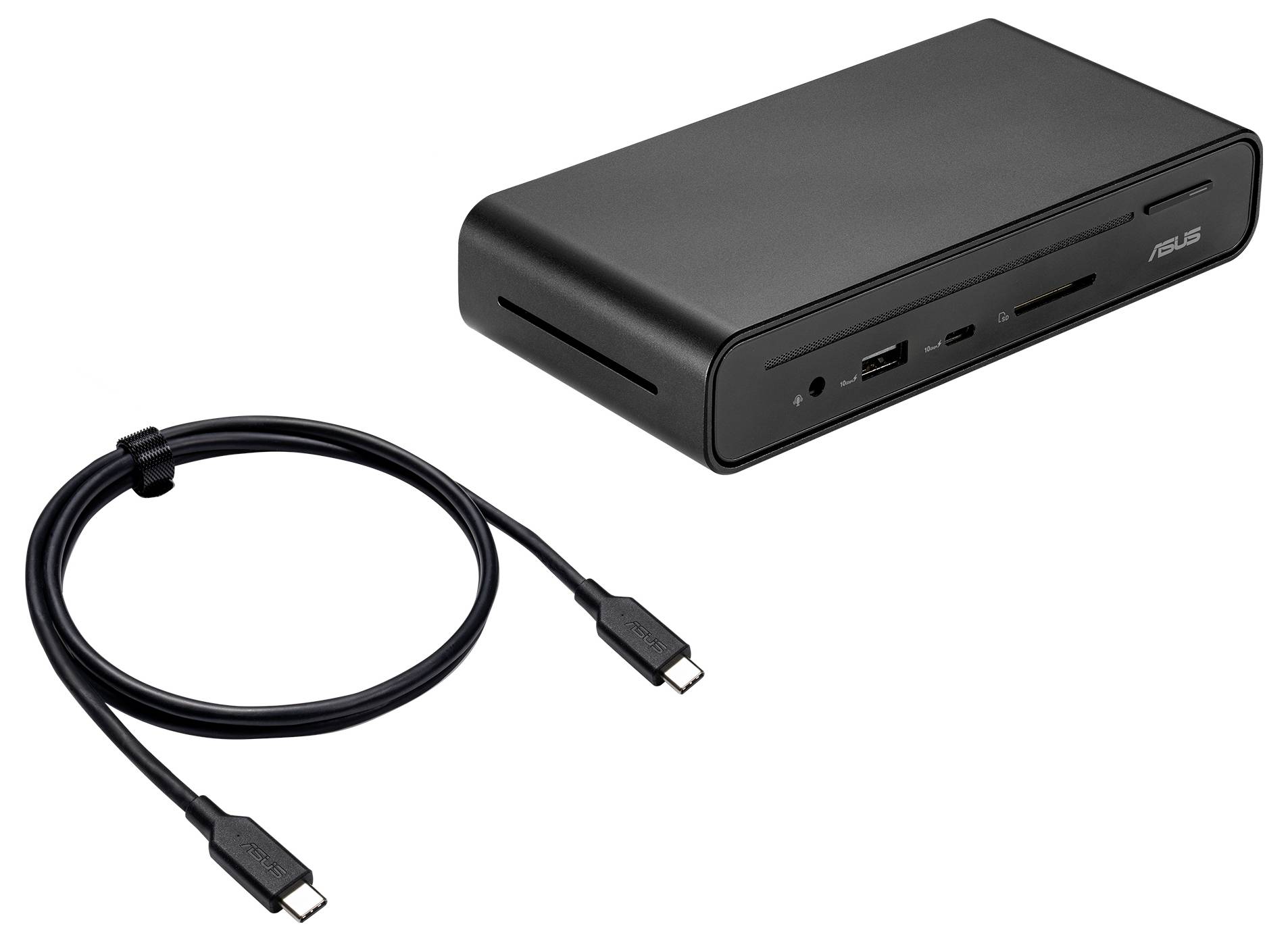 Černá dokovací stanice s různými porty včetně USB-C a slotu na paměťovou kartu SD, spolu s kabelem USB-C.