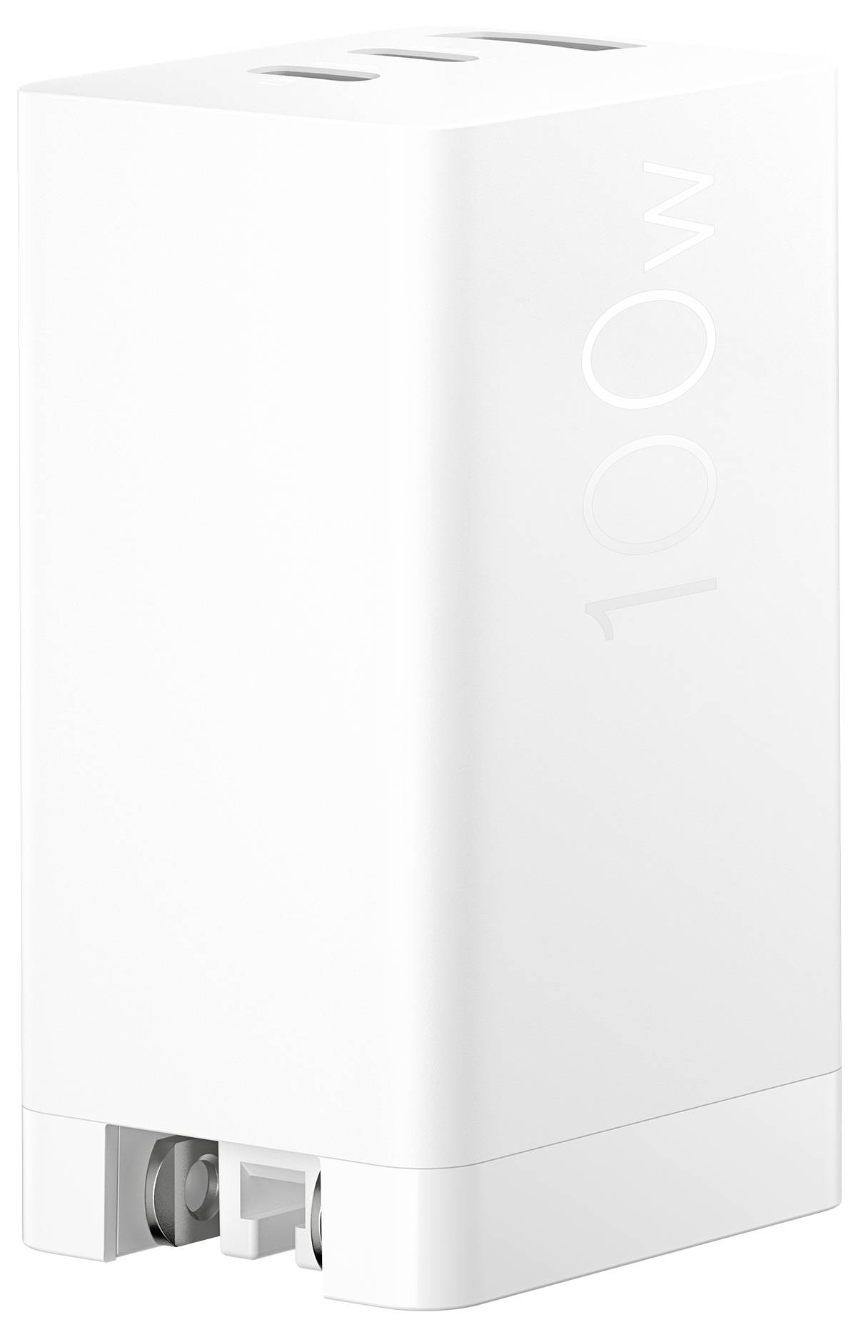 Bílý 100W napájecí adaptér s duálními USB-C porty na horní straně, navržený pro současné nabíjení více zařízení, s elegantním vertikálním designem.
