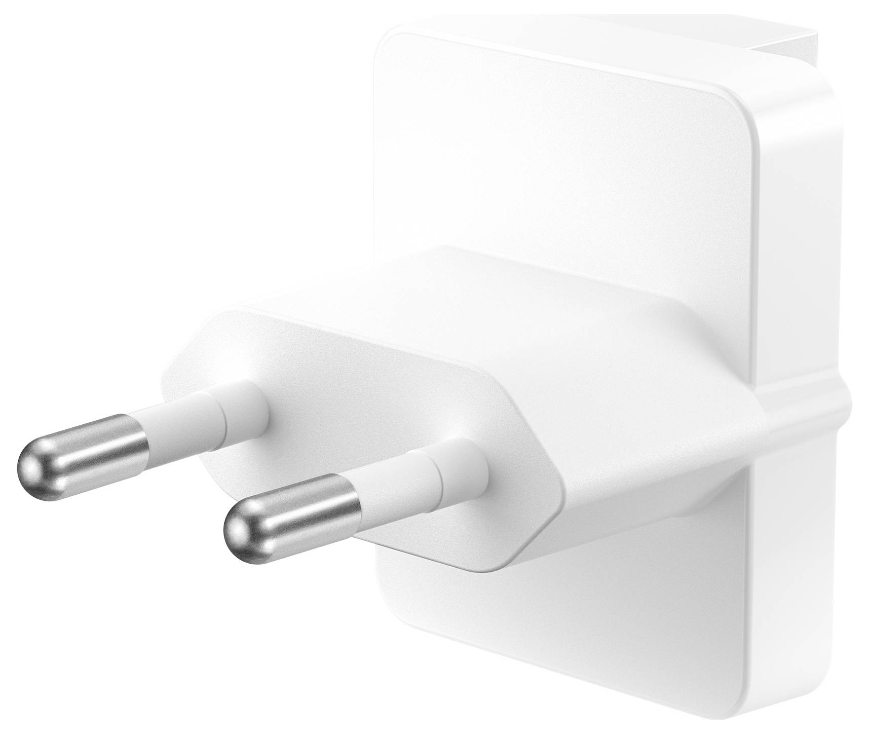 Bílá napájecí adaptérová zástrčka se dvěma kolíky, která ukazuje své kovové hroty a hladký povrch, pravděpodobně určená pro nabíjení elektronických zařízení.