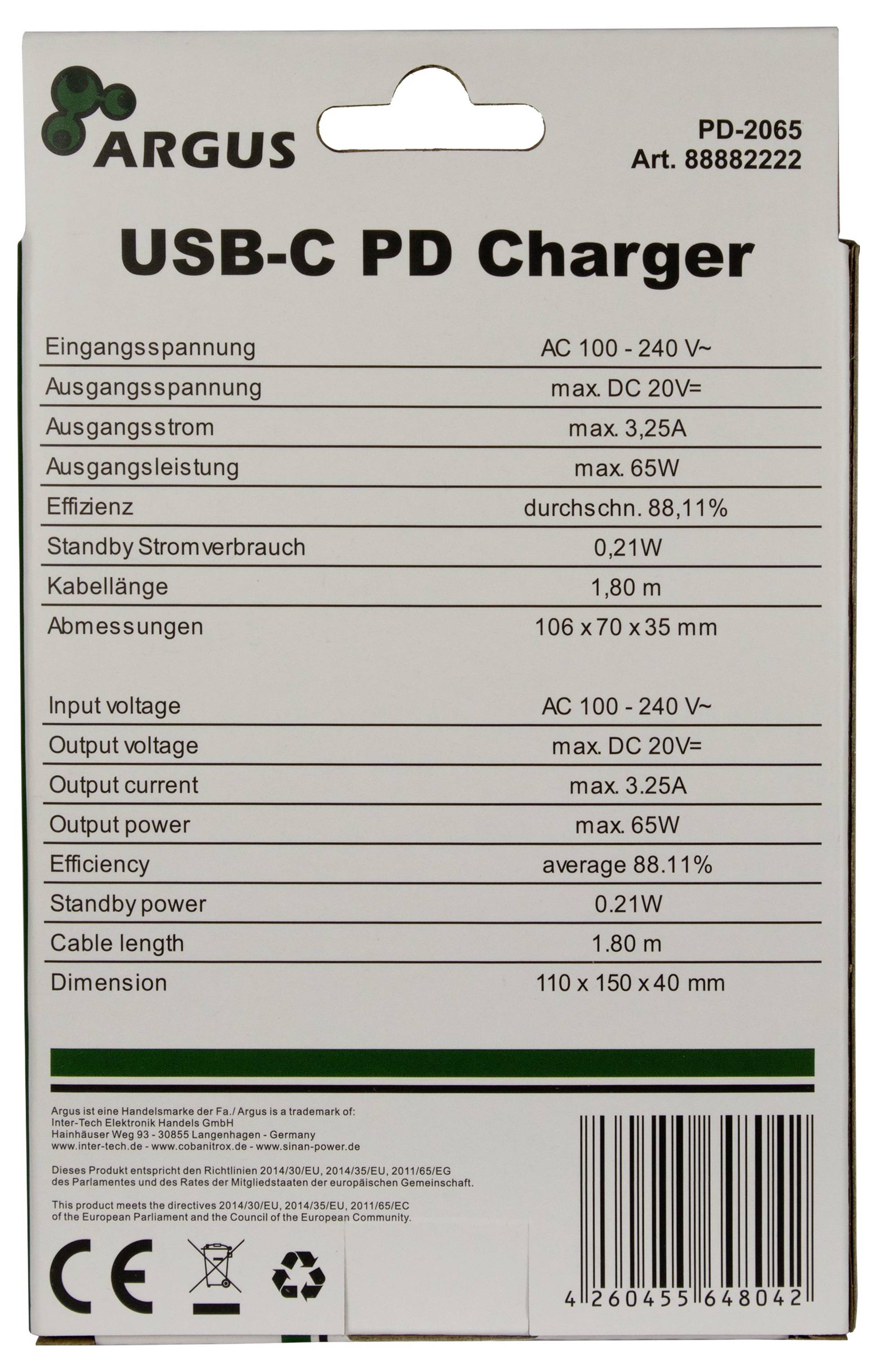 Inter-Tech PD-2065 USB nabíječka, USB Power Delivery (USB-PD) , Rychlonabíječka, USB-C® zástrčka, 65 W, Power Delivery 3-1