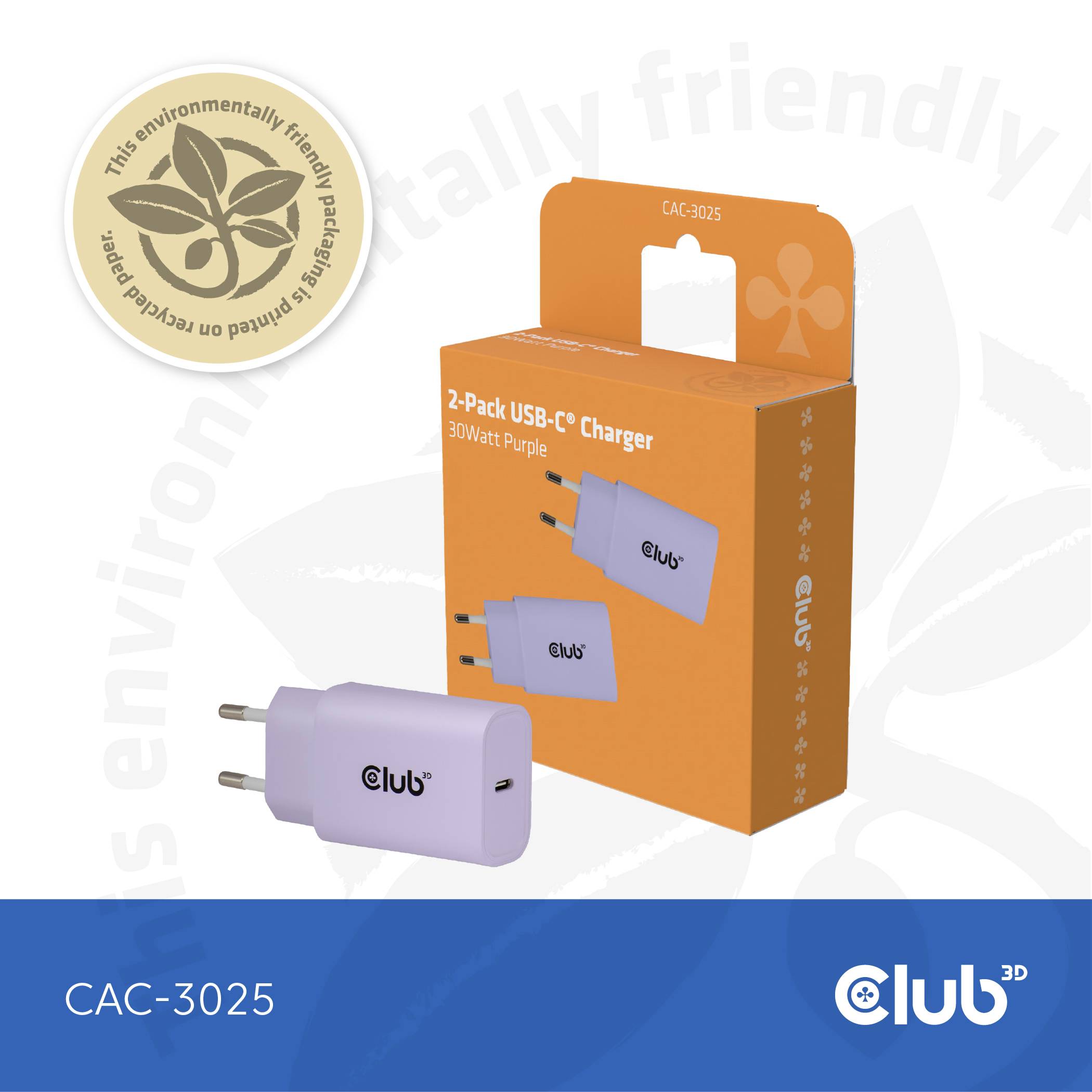 club3D CAC-3025 USB nabíječka, USB Power Delivery (USB-PD) , USB-C® zástrčka, 30 W, Power Delivery 3.0, fialová-1