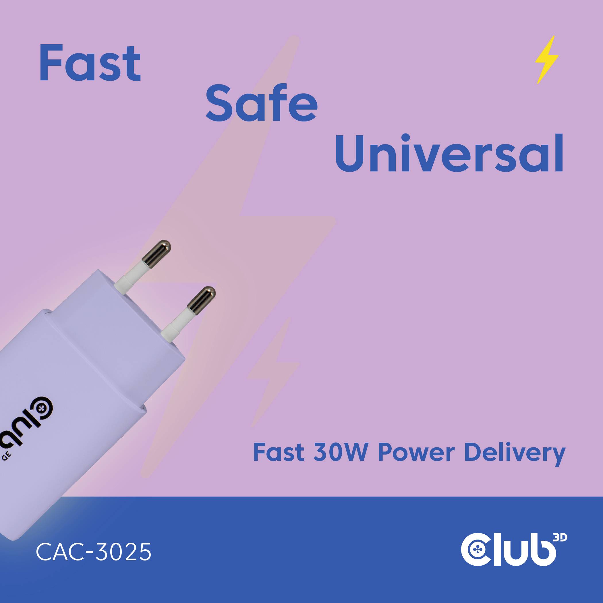 club3D CAC-3025 USB nabíječka, USB Power Delivery (USB-PD) , USB-C® zástrčka, 30 W, Power Delivery 3.0, fialová-3
