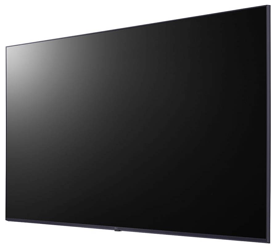 Velká, elegantní plochá TV obrazovka s tenkou černou lištou, umístěná na bílém pozadí.