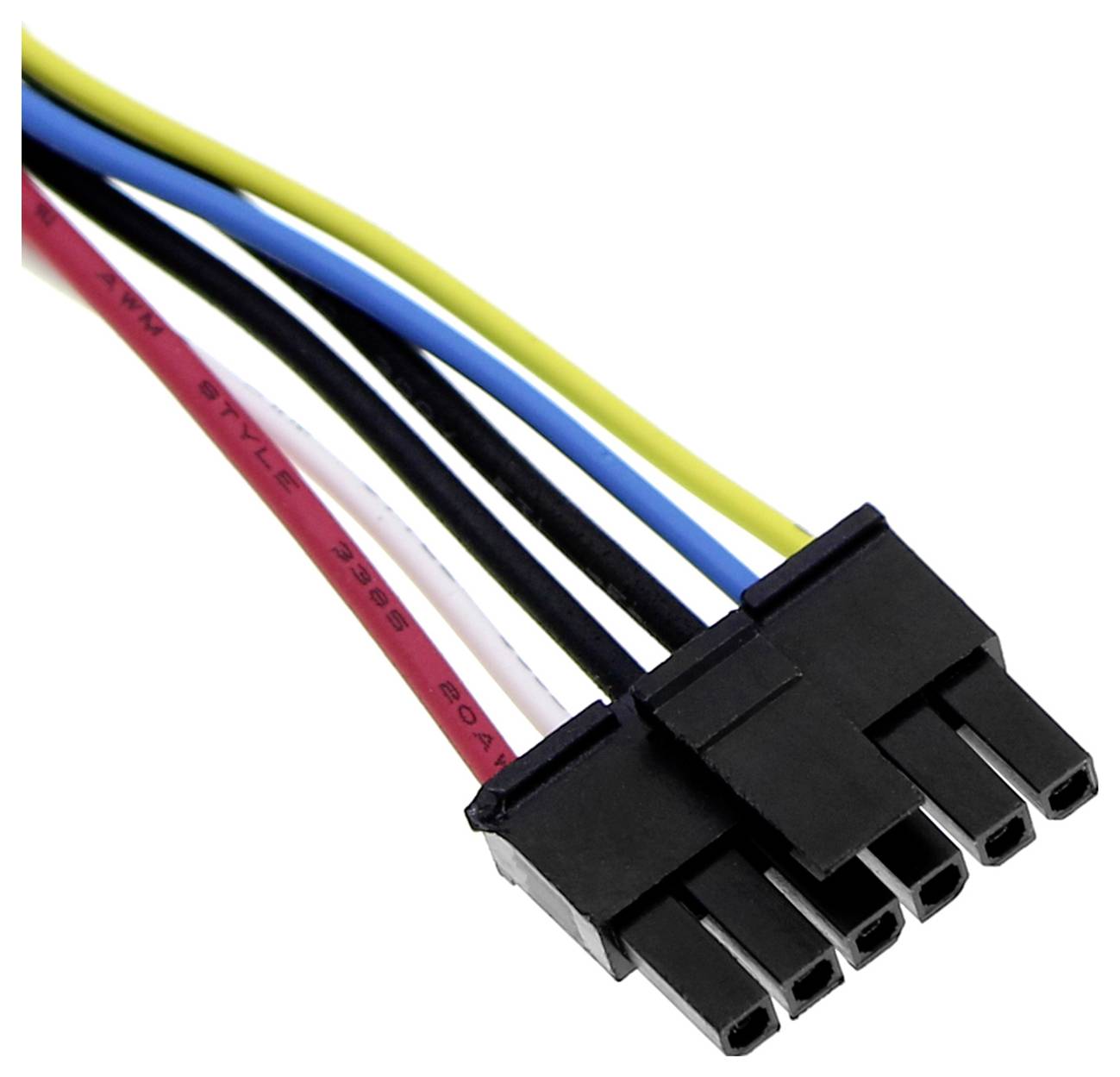 Vícebarevný kabel s černým konektorem, vhodný pro připojení k hardwarovým komponentům, např. v počítačích nebo technických zařízeních.