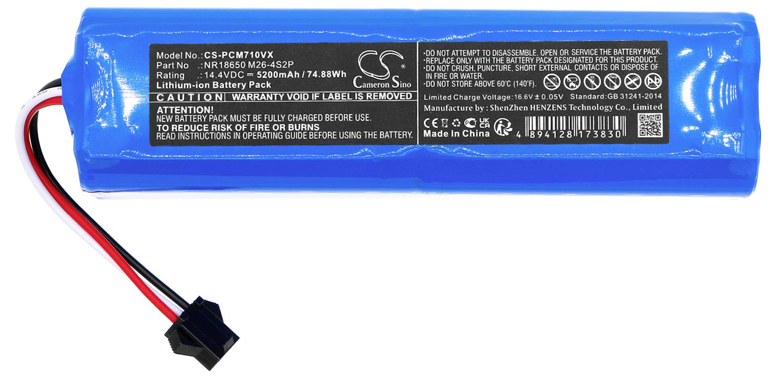 Modrá lithium-iontová baterie s kabelovým připojením, modelové číslo CS-PCM174VX. Nápis: 'Pozor: Záruka zaniká při odstranění štítku.'