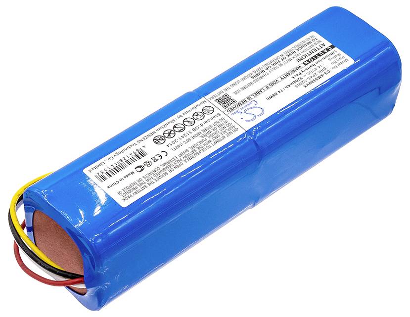 Modrá lithium-iontová baterie s kabely a štítkem s technickými informacemi, jako jsou výstražná upozornění a certifikace.