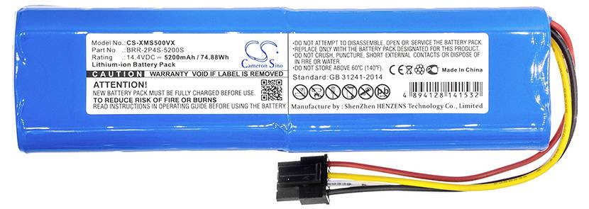 Modrý lithium-iontový akumulátorový pack s výstražnými nálepkami a barevnými kabely. Technické specifikace: 14,8V, 5200mAh, standardy CE, RoHS.