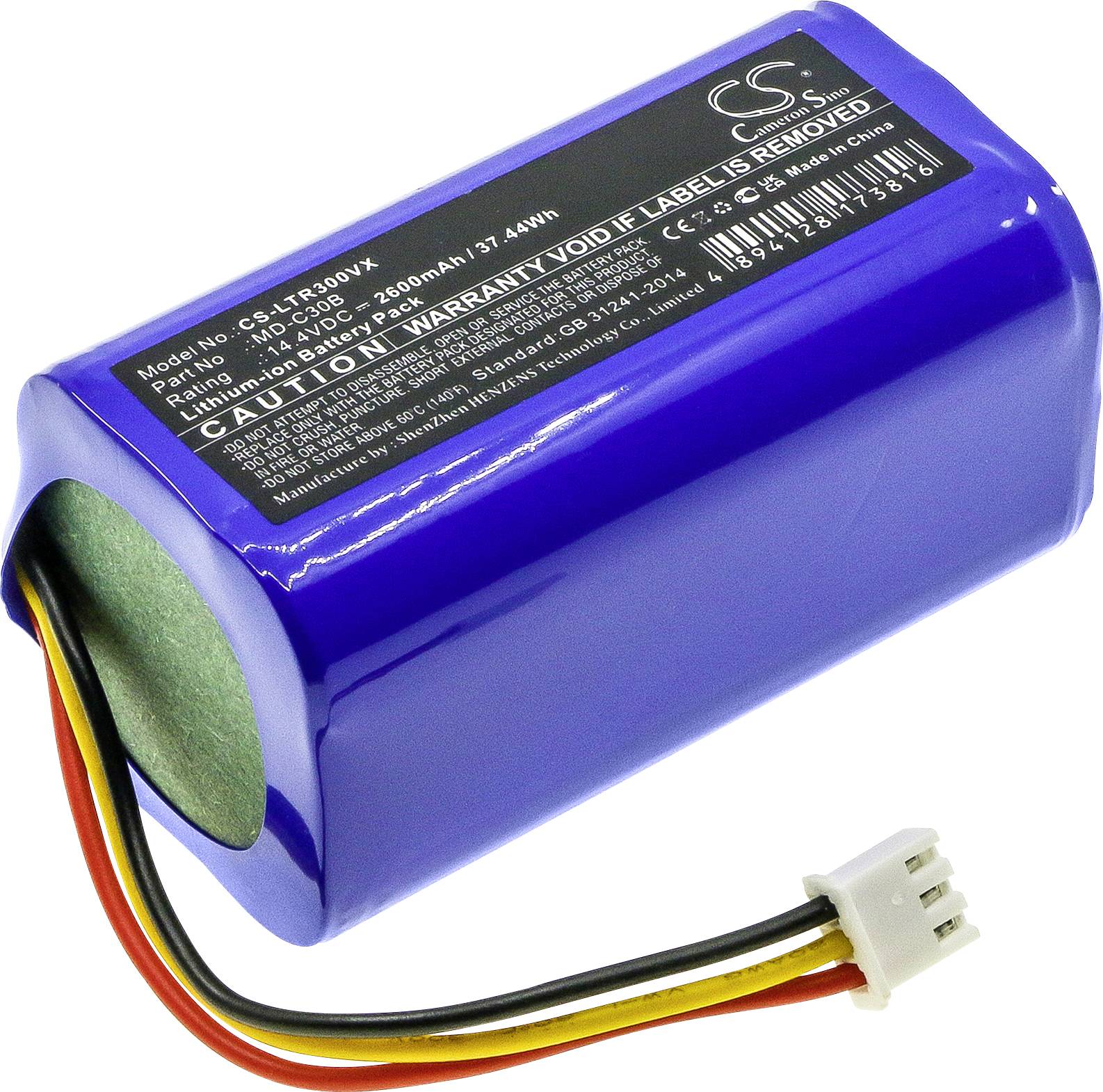 Modrá lithium-iontová baterie s kabelovým připojením a výstražným štítkem. Model CS-LT3000VX s kapacitou 2850mAh a napětím 7,4V.