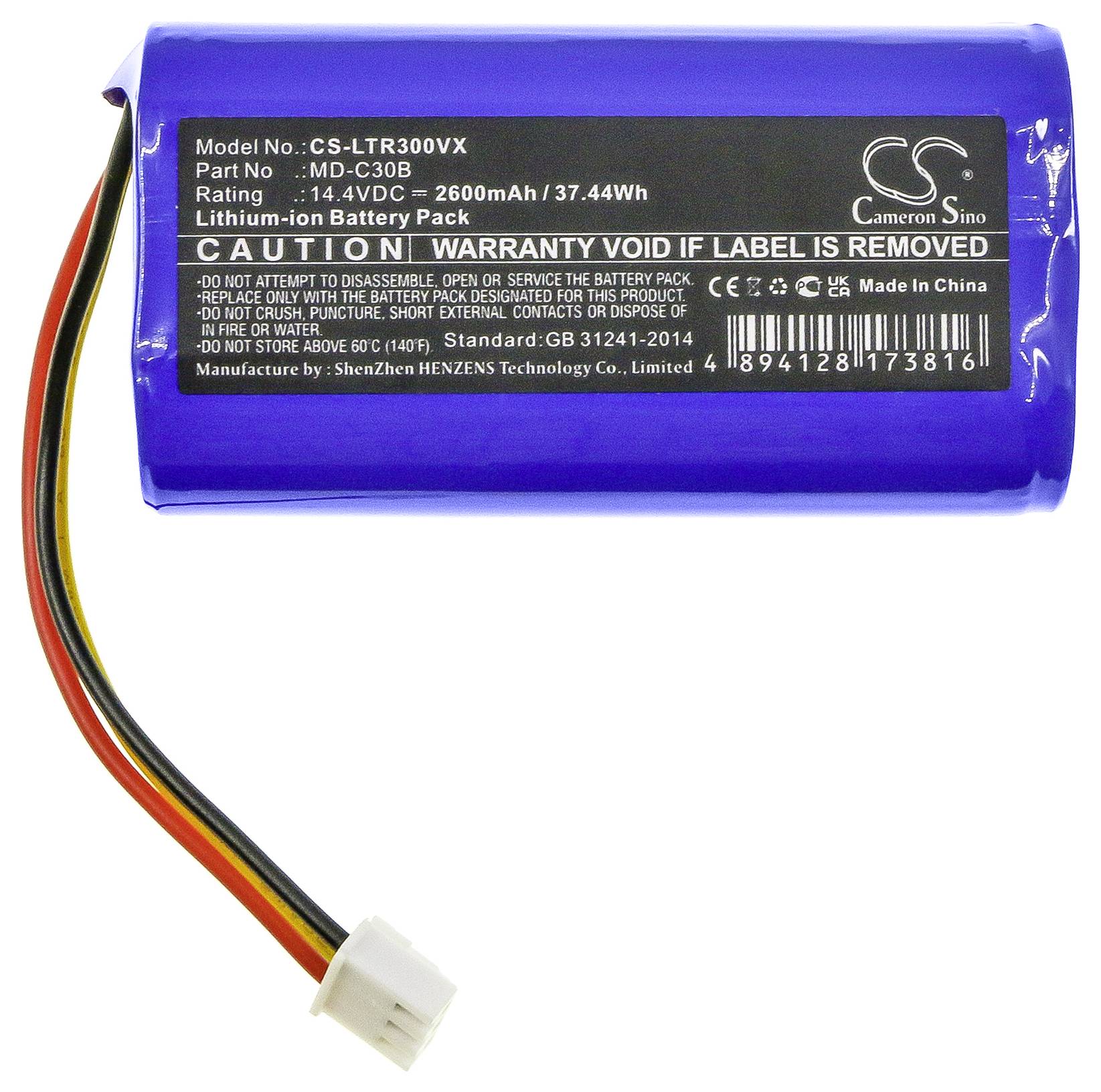 Modrá lithium-iontová baterie s výstražnými pokyny na bílém štítku, kapacita 2600mAh, model CS-LTR300VX, informace o výrobci.
