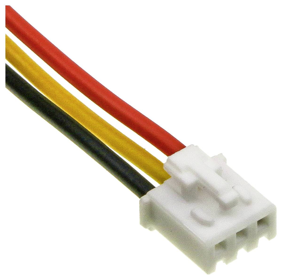 Třípólová bílá zástrčka s červenými, černými a žlutými kabely, typicky používaná pro elektronická spojení.