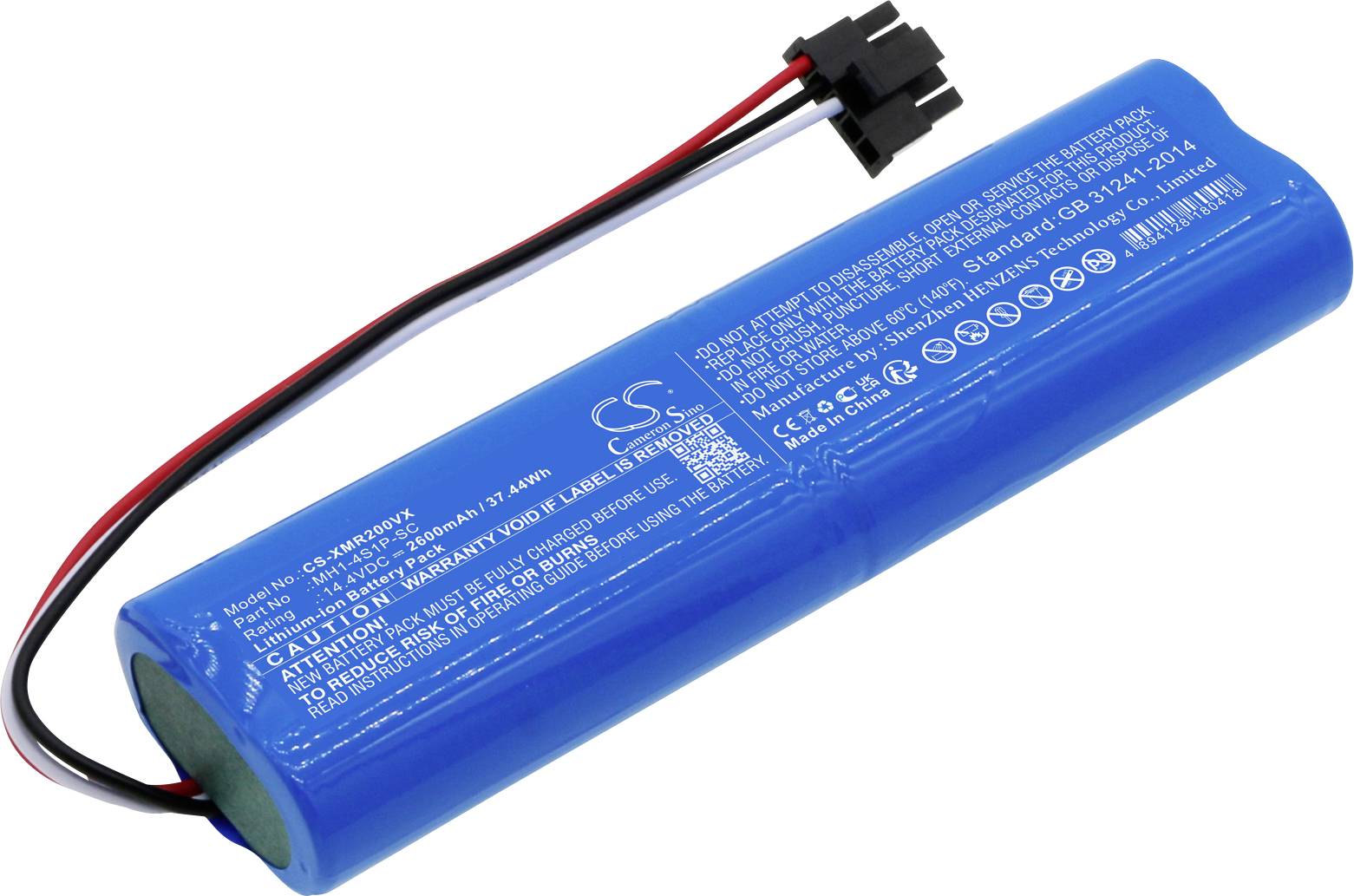 Modrý válcový akumulátor s připojovacími dráty a výstražnými pokyny. Vhodný pro elektronická zařízení; kapacita 3 Ah, napětí 3,7 V.