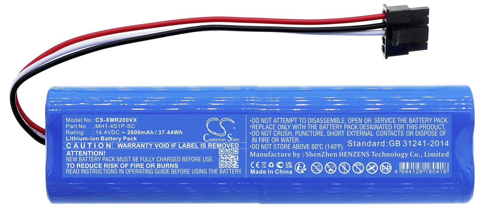Modrý válcový akumulátor s potiskem: Model C3-X-MR2070VX, jmenovité napětí 14,8V, kapacita 2600mAh. Výstražná upozornění a údaje výrobce.