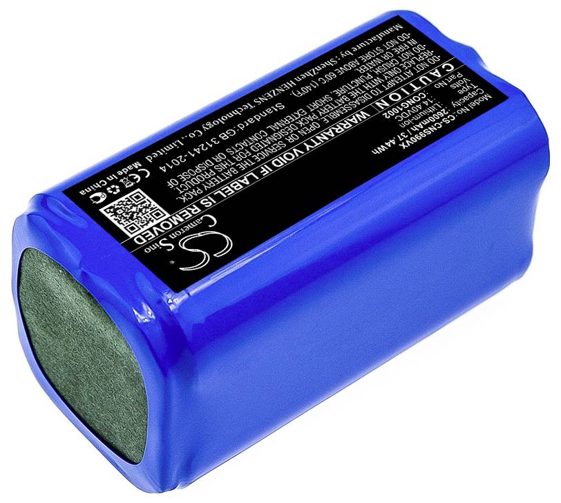 Modrá, válcová lithium-iontová baterie s černým štítkem a technickou specifikací.