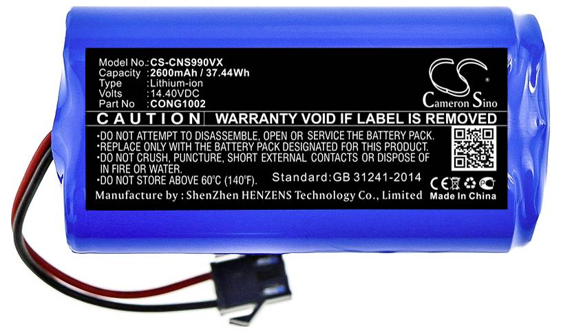 Modrá lithium-iontová baterie se specifikacemi: 2600mAh, 14,8V. Upozornění: Nerozebírejte ani nevystavujte ohni.