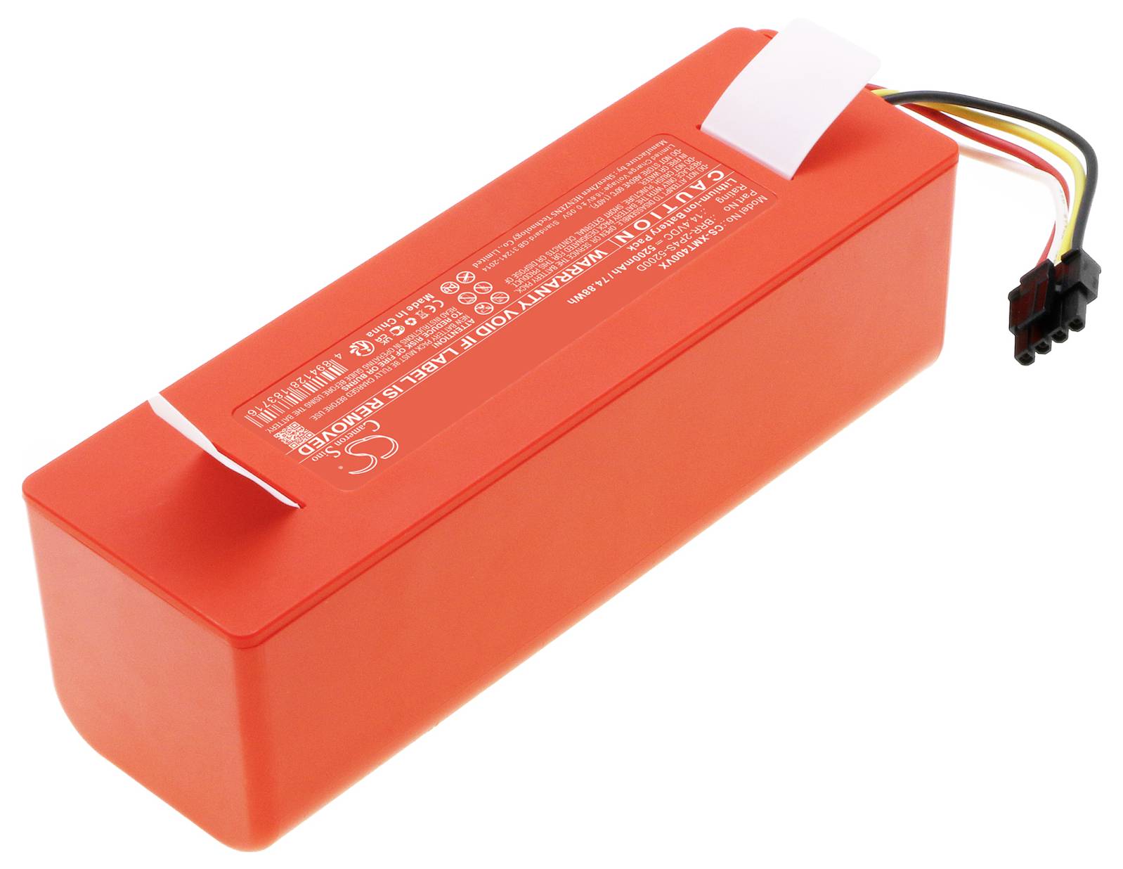 Červený, obdélníkový lithium-iontový akumulátor s vícebarevným připojovacím kabelem a výstražnými pokyny na povrchu.