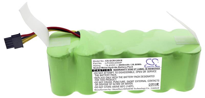 Zelená dobíjecí baterie 2000mAh se speciálními konektory a výstražným štítkem, který varuje před otevřením nebo zkratem.