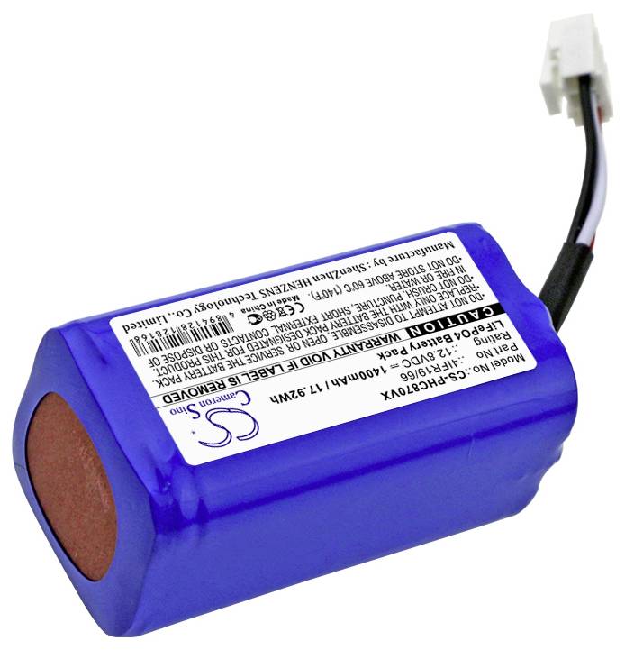 Modrá lithium-iontová baterie s nalepeným štítkem; vyčnívají z ní dva kabely.