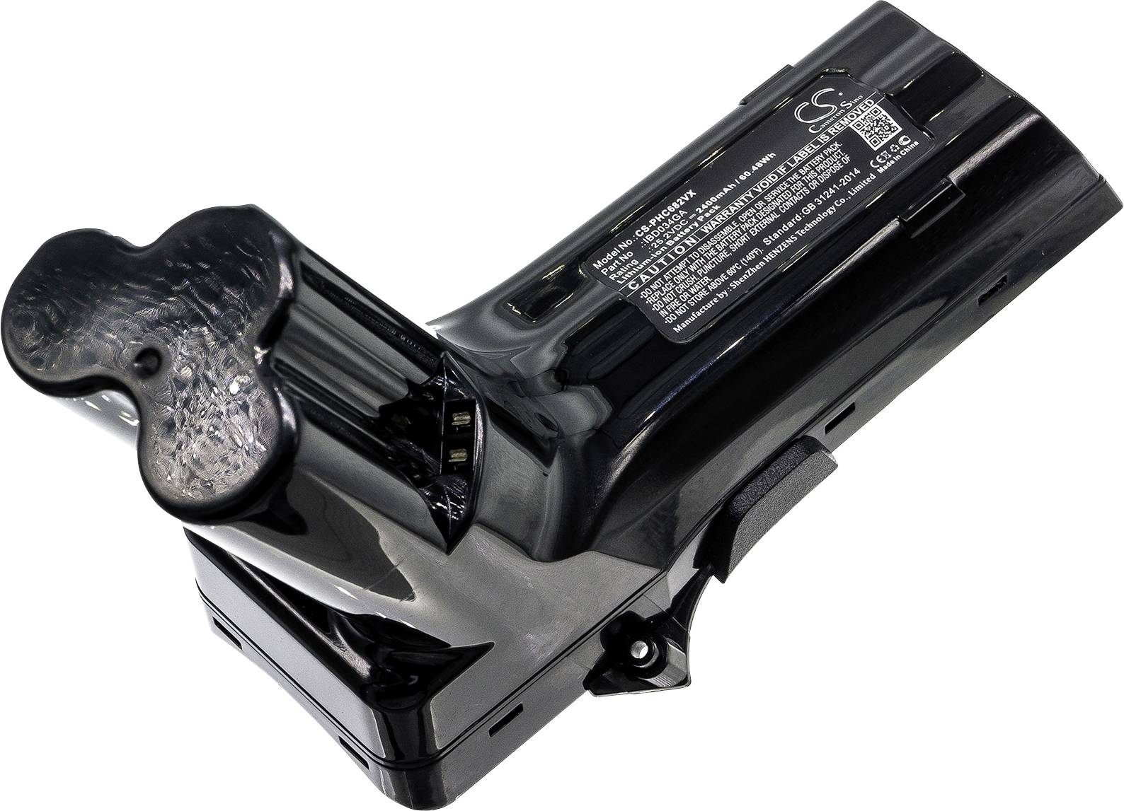 Černý akumulátorový pack s etiketou a bezpečnostními pokyny, určený pro elektronická zařízení.