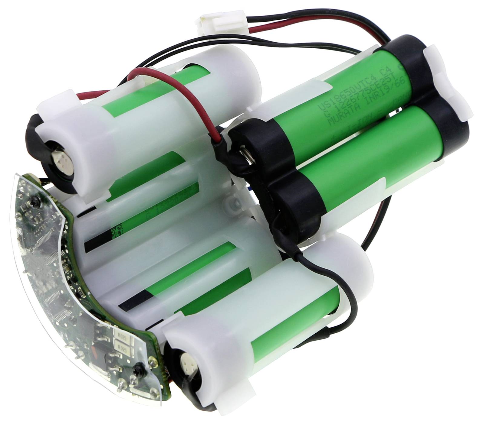 Bateriový pack se šesti zelenými články a kabely, připojený k malé desce plošných spojů. Vhodný pro elektronická zařízení nebo nabíječky.