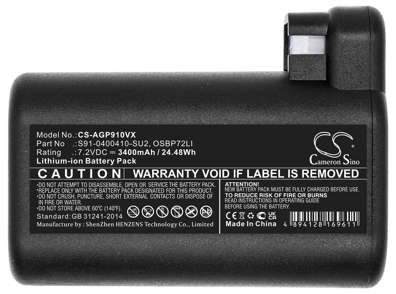 Černá lithium-iontová baterie s typovým označením CS-AGP910VX, napětí 7,2V a kapacita 3400mAh. Výstražné upozornění na štítku.
