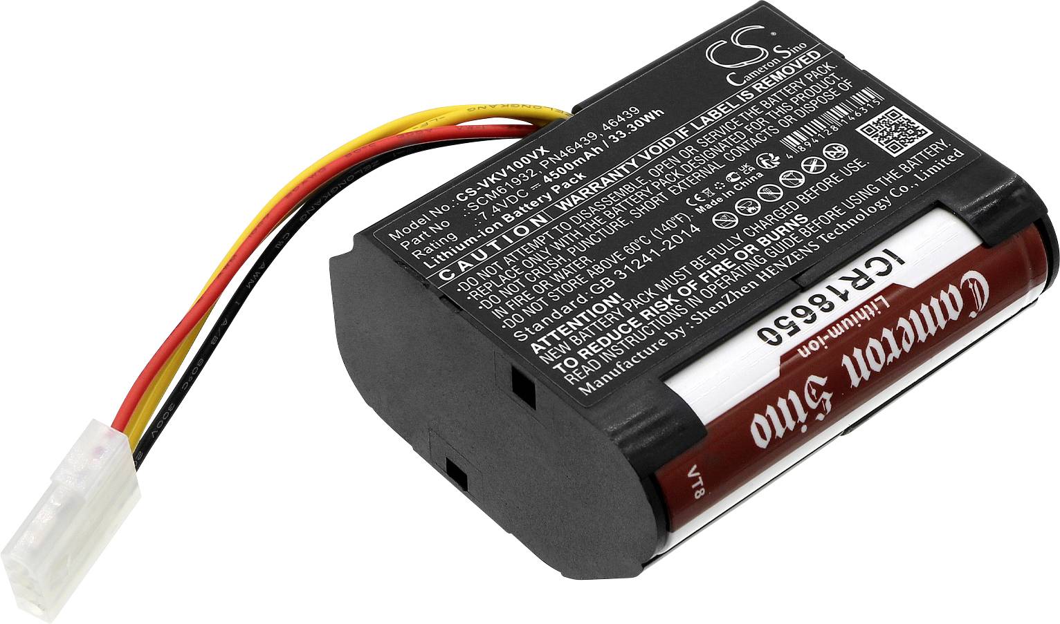 Nabíjecí akumulátor do fotoaparátu s červenými, žlutými a černými dráty a bílým konektorem, model CS-NX930TW.