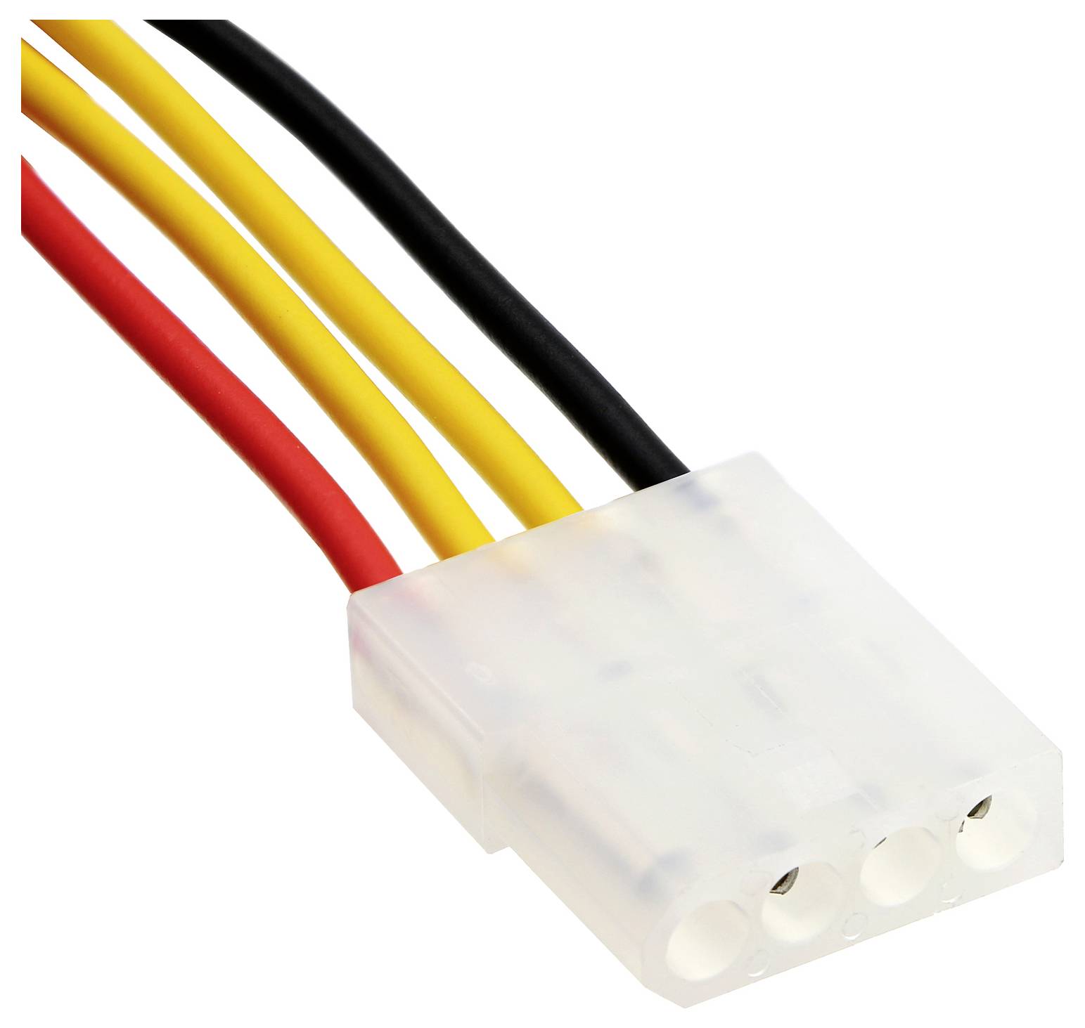 Třížilový Molex konektor s červenými, žlutými a černými kabely pro napájení PC.