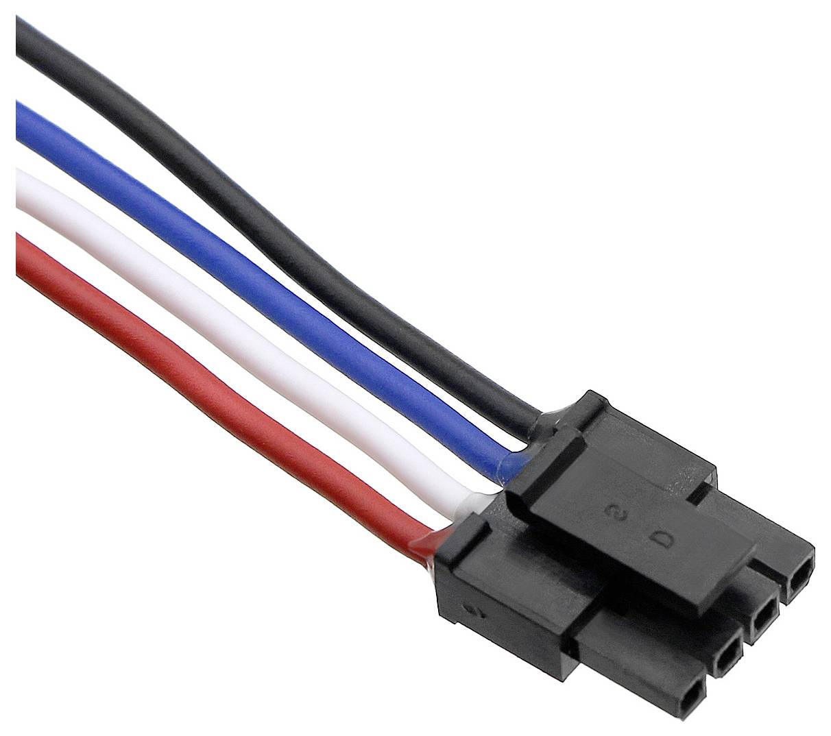 Konektor se čtyřmi kabely v černé, bílé, modré a červené barvě. Kabely spojují elektrické komponenty a přenášejí signály nebo energii.