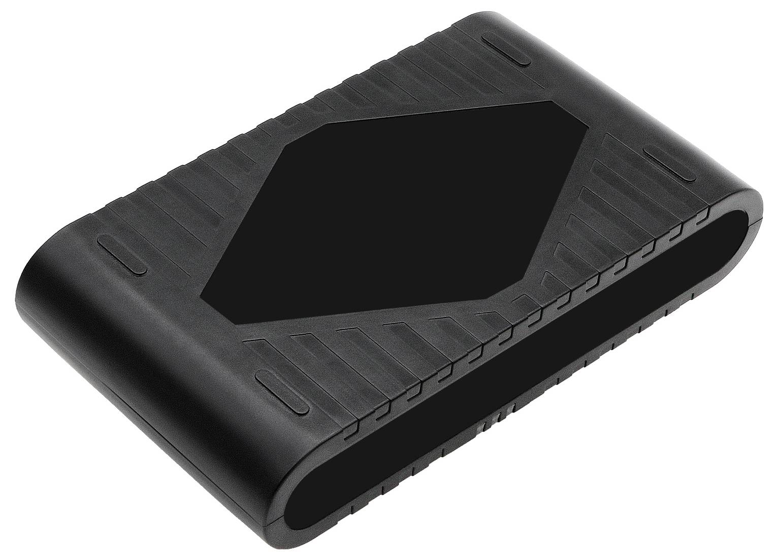Externí pevný disk v černém pouzdře s protiskluzovým povrchem vykazuje moderní, robustní designový styl.