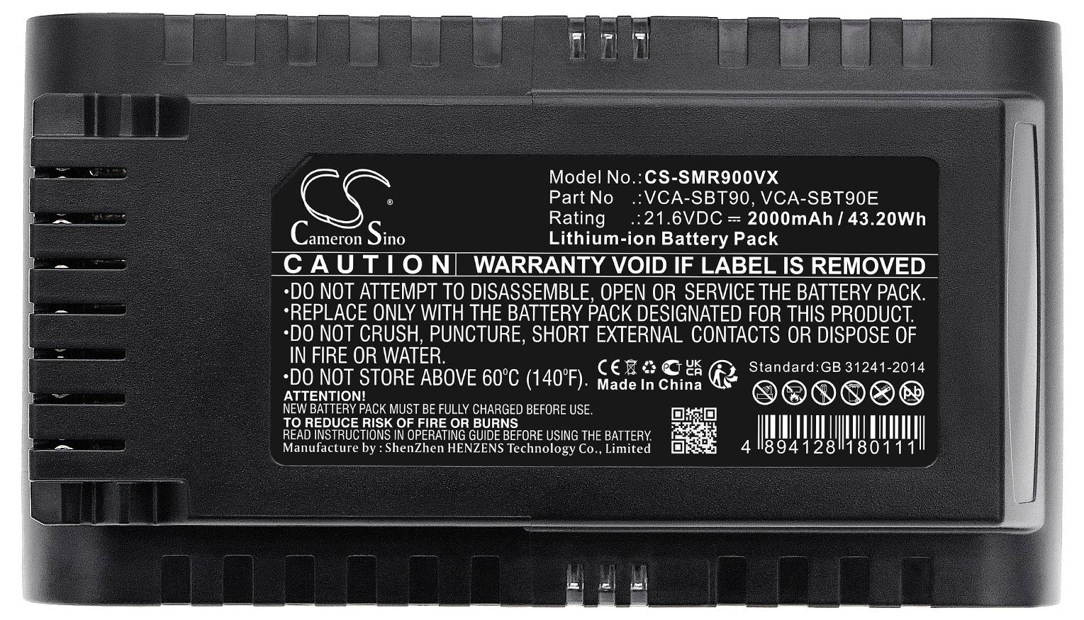 Lithium-iontový akumulátor od Cameron Sino, model č. CS-SMR900VX, 21,6 V, 2000 mAh, 43,2 Wh. Upozornění: Neotevírat ani nerozebírat, chránit před extrémními podmínkami.