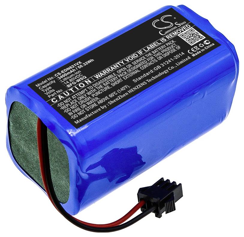 Modrá lithium-iontová baterie s etiketou obsahující technické informace a výstražná upozornění. Je viditelný černý kabel.