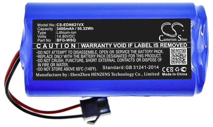 Modrá lithium-iontová baterie s etiketou: 'Kapacita 3400mAh, napětí 14,80V'. Jsou uvedena upozornění a informace o výrobci.