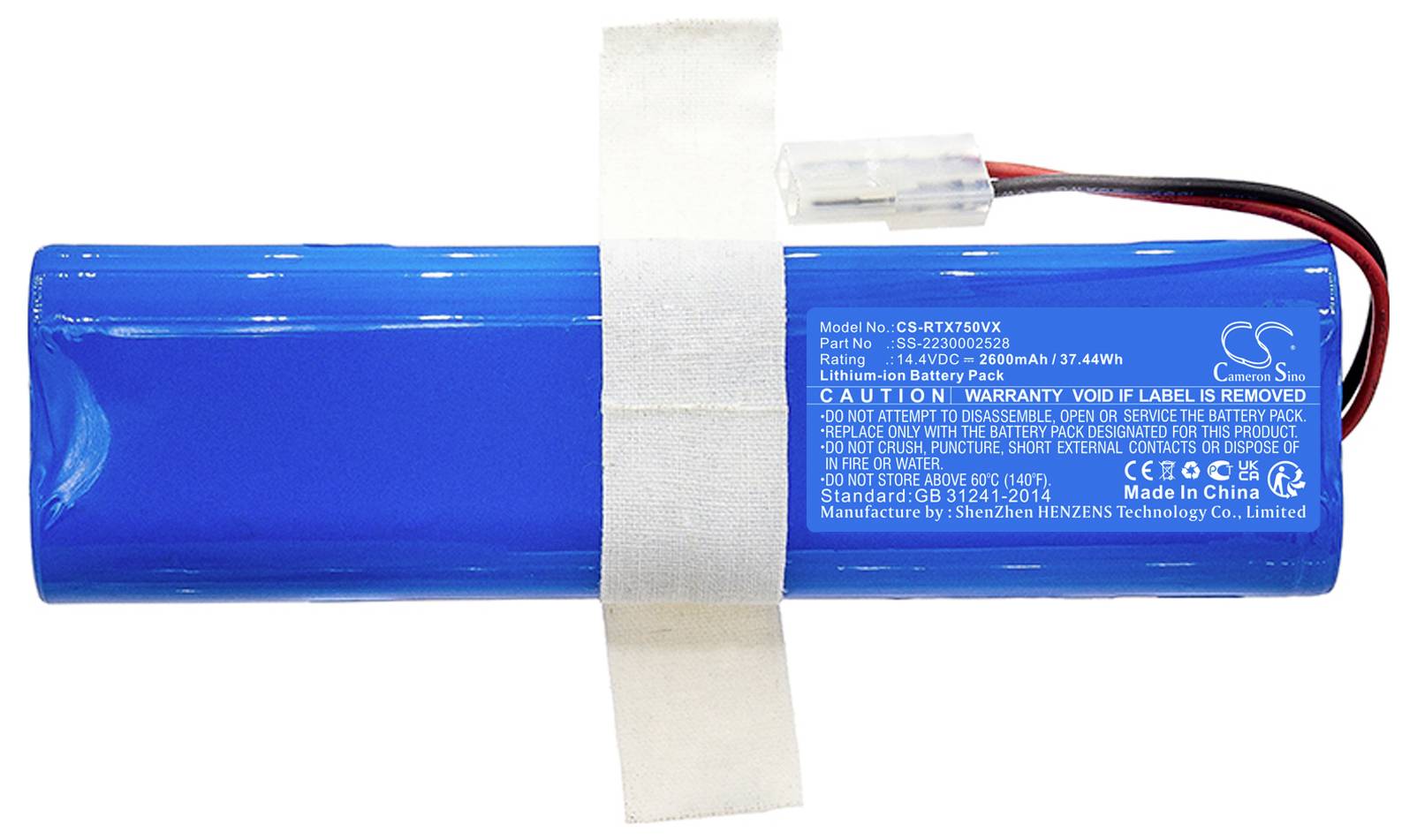 Modrá lithium-iontová baterie s bílými popisy, kabelem a konektorem. Štítek s technickými údaji a výstražnými pokyny.