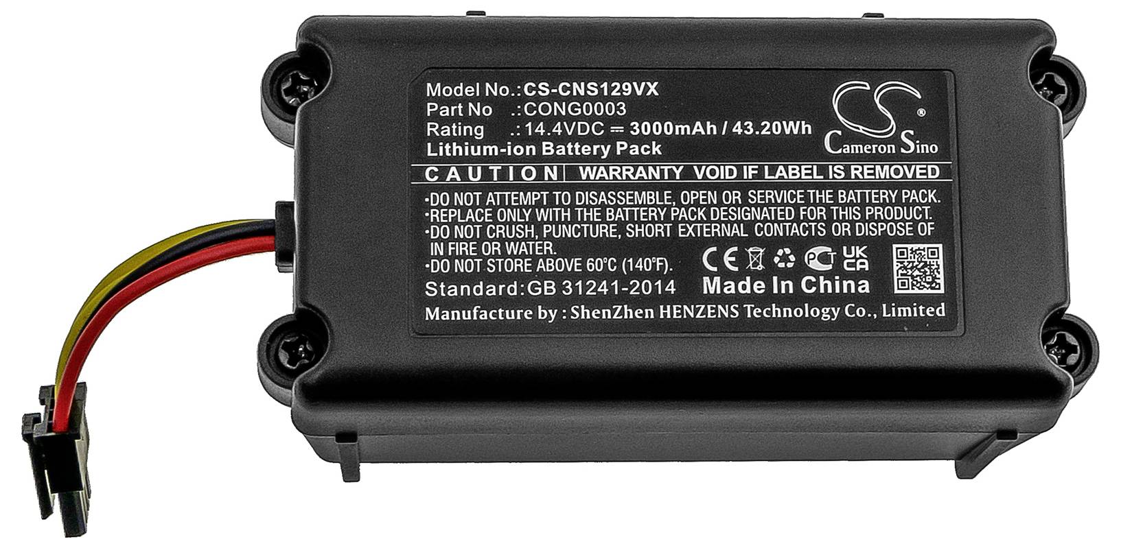 Černá lithium-iontová baterie s nápisem: 'Model No: CS-CNS129VX', 'Rating: 14.4VDC – 3000mAh / 43.20Wh', 'Made in China'.
