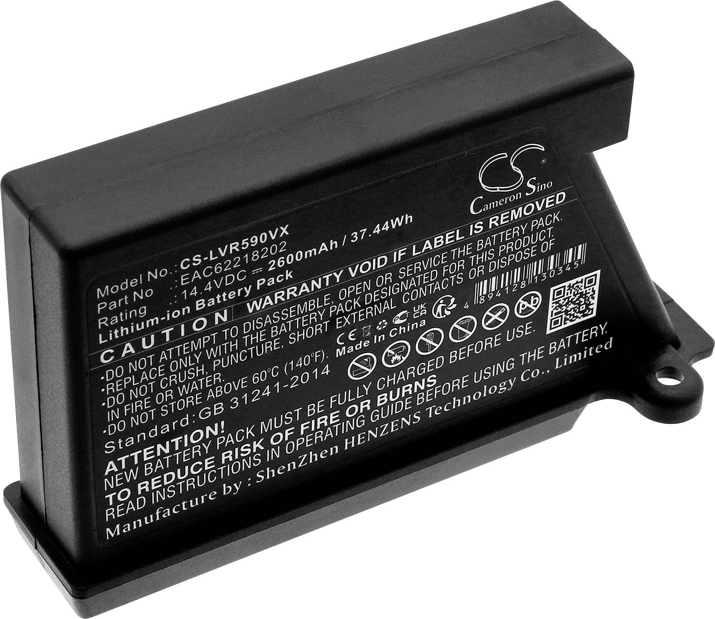Černá lithium-iontová baterie s nápisem: Model č.: CS-LVR590VX, 2600mAh, 37,44Wh. Upozornění: Záruka zaniká při odstranění štítku.