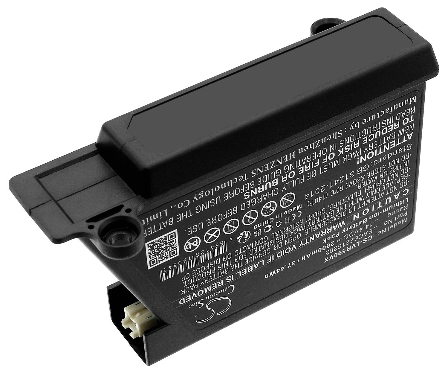 Černá, obdélníková lithium-iontová baterie s bílými výstražnými pokyny a technickými údaji na horní straně; boční připojovací konektor.