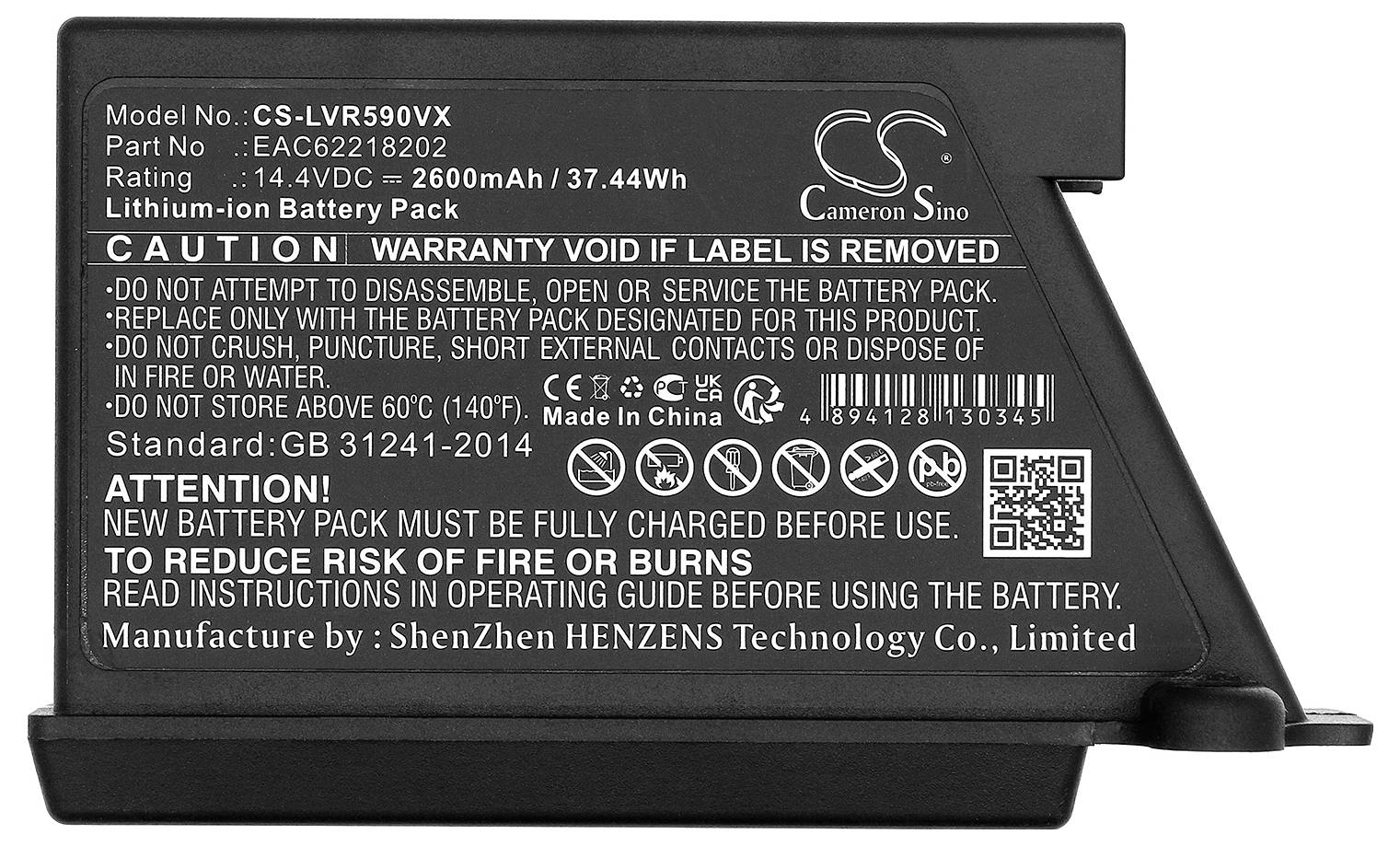 Černý štítek lithium-iontové baterie s číslem modelu a dílu, napětím (14,4VDC, 2600mAh/37,44Wh) a varováními pro bezpečné použití.