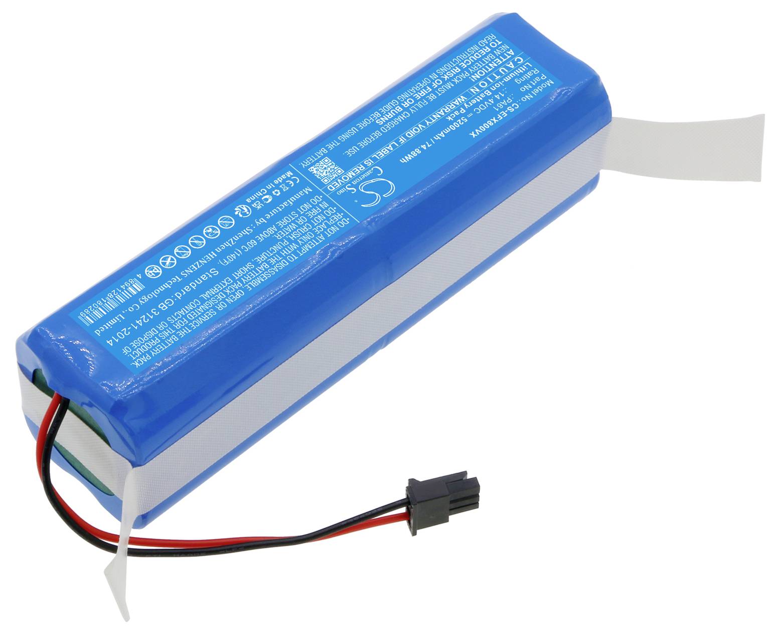 Modrá lithium-iontová baterie s kabely a konektorem, vhodná pro elektronická zařízení, na bílém pozadí.