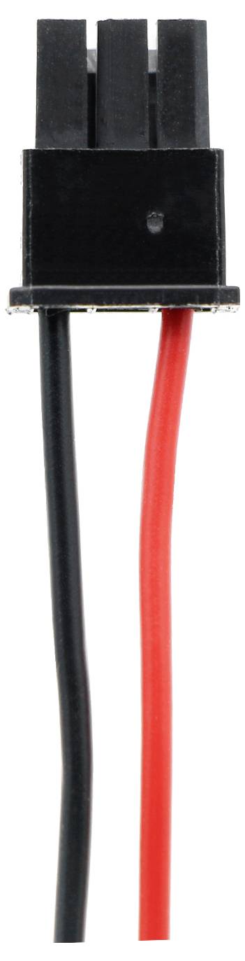 Černý konektor se třemi piny, ke kterému jsou připojeny černý a červený kabel.